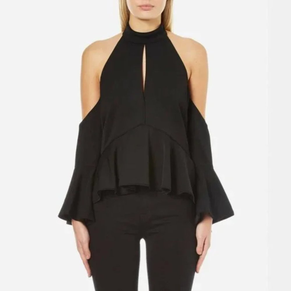C/MEO COLLECTIVE Too Close Halter Bell Sleeve Cold Shoulder Black Top - Picture 3 of 12